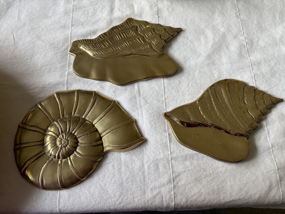 MCM Vintage Solid Brass Sea Shell Wall Hanging Decor Set of 3 Art Deco